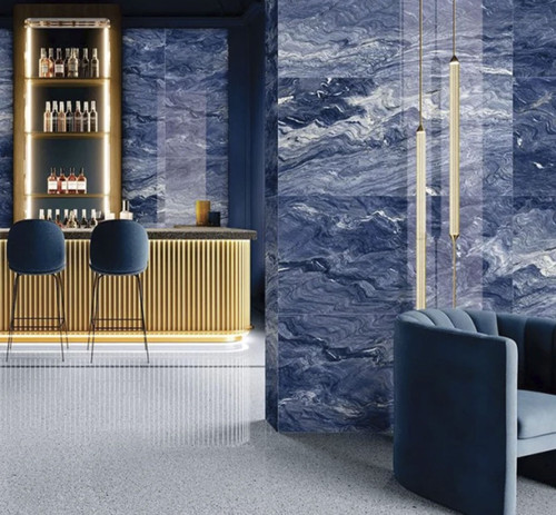 Bahia Blue Gloss Marble Effect Tile used as stunning blue marble effect tiles in a hotel bar