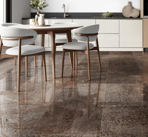 Evoque Brown Gloss Metal Effect Tile used as polished kitchen floor tiles in a modern spacious kitchen