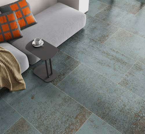 Evoque Green Grey Matt Metal Effect Floor Tiles used in a sitting room