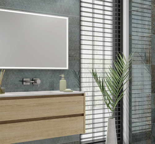 Evoque Green Grey Gloss Metal Effect Décor Tiles used as feature bathroom wall tiles in a naturally lit bathroom