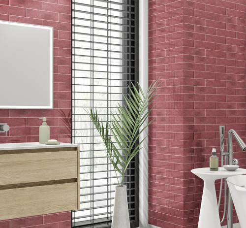 Marakkesh Dark Pink Gloss Metro Tiles used as hot pink bathroom wall tiles in a stylish modern naturally lit bathroom
