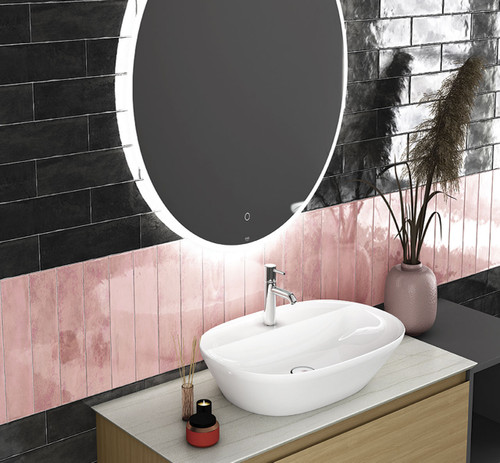 Marakkesh Pink Gloss Metro Tiles used as border tiles and stunning pink bathroom splashback tiles