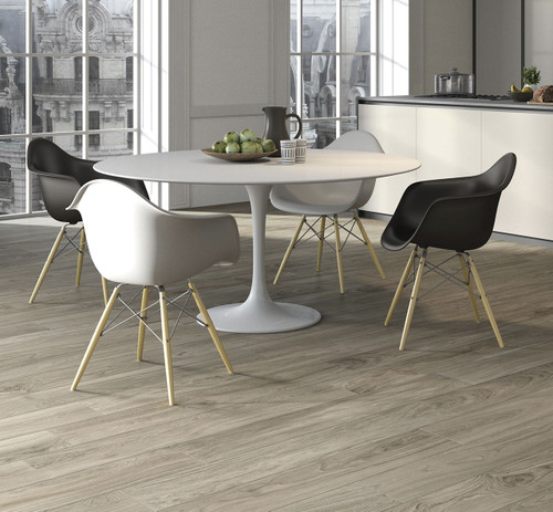 Line Wood Ivory Matt Wood Effect Floor Tiles used as dining room floor tiles in a modern apartment space