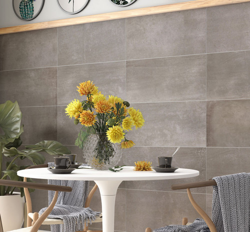 Basic Concrete Matt Dark Grey Concrete Effect Tiles used as coffee shop tiles on a cafe wall