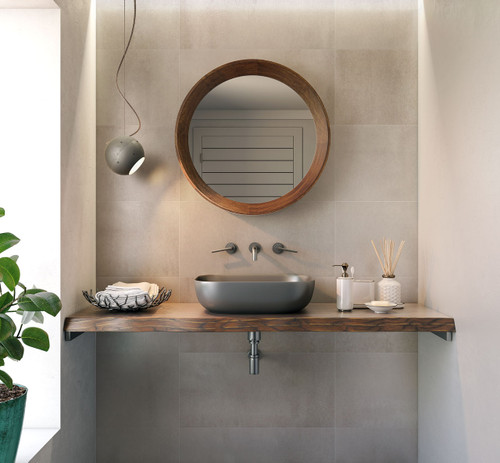 Basic Concrete Matt Grey Concrete Effect Tiles used as calming cement effect bathroom wall tiles