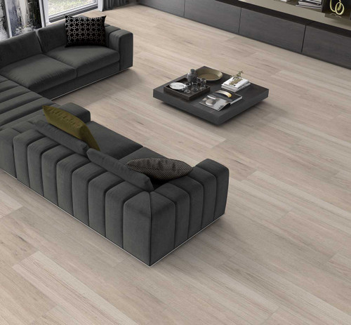 Valverdi Copse Beige Wood Effect Indoor Tiles used in a modern sitting room with a large sofa