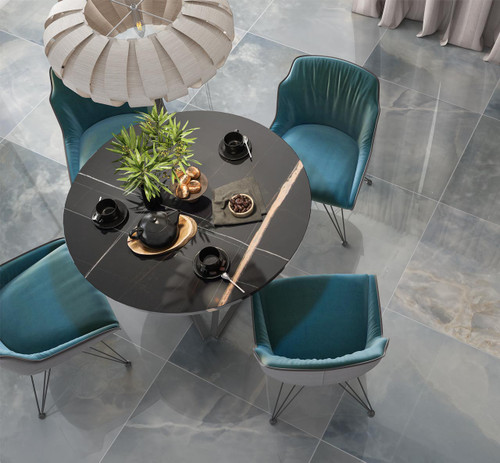 Monumental Gemstone Light Blue Polished floor tiles used in a modern luxurious dining room