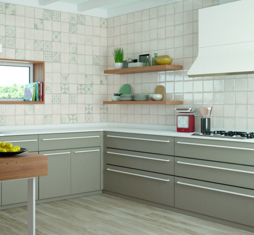 vintage ivory square wall tiles in a kitchen