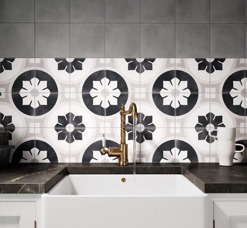Design pattern k floral vintage pattern tiles on a splashback in a kitchen