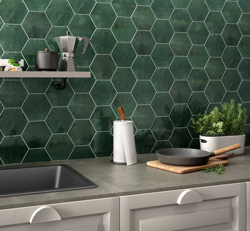 Bali Green Hexagon Wall Tiles used as green kitchen wall tiles in a small kitchen space