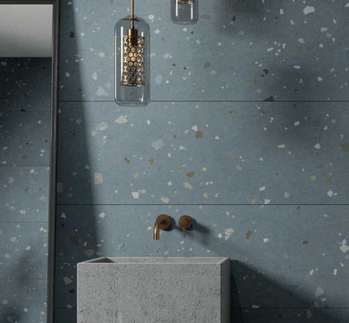 Galaxy Terrazzo Blue Wall Tiles used in a calming bathroom as speckled wall tiles with a stone wash basin