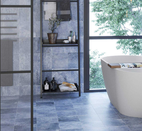 Nusa Sapphire Blue Stone Effect Wall and Floor Tiles used in a bathroom