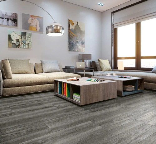 Oak Dark Grey Wood Effect Porcelain Tiles (15cm x 75cm) used as dark wood look flooring in a cosy family sitting room