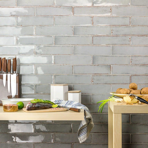 Vintage grey gloss metro tiles used as kitchen wall tiles