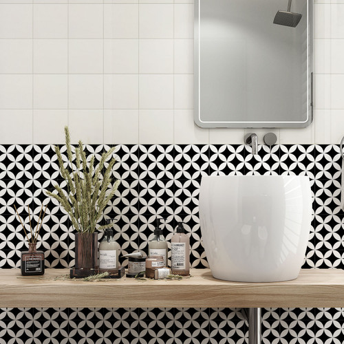 Retro black and white circle design tiles used as splashback and bathroom wall tiles