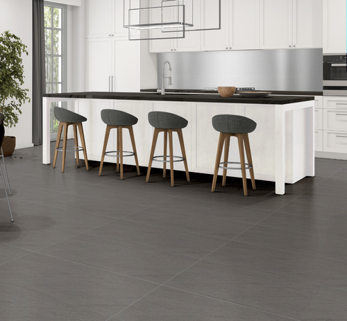 Caress Slate Rectangle Stone Effect Floor Tiles used in a modern open plan kitchen