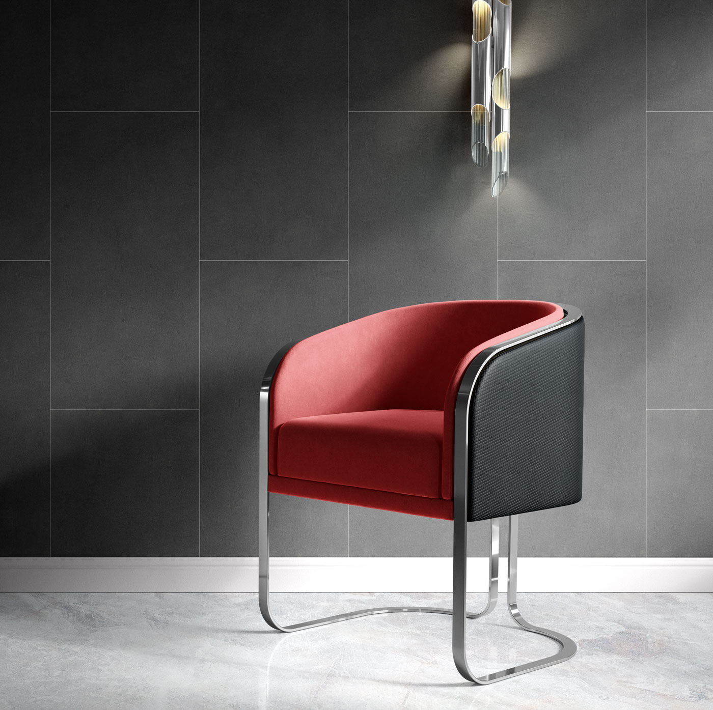 Essential Urban Charcoal Cement Effect Tiles used in a modern bathroom setting with a red chair with modern fittings