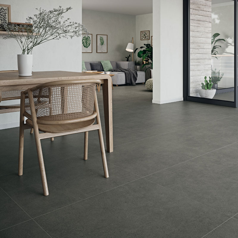 Essential Urban Charcoal Cement Effect Tiles used in a modern kitchen space