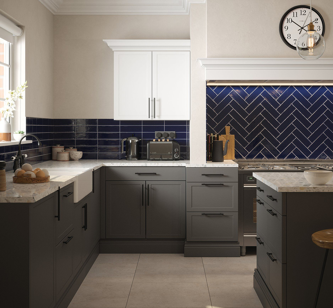 Dark blue glossy metro tiles on the walls of a kitchen