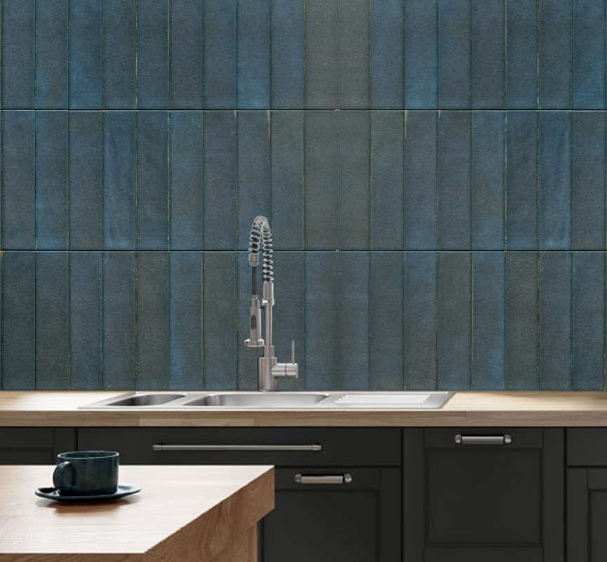 Blue matt finish metro tiles on a kitchen splashback