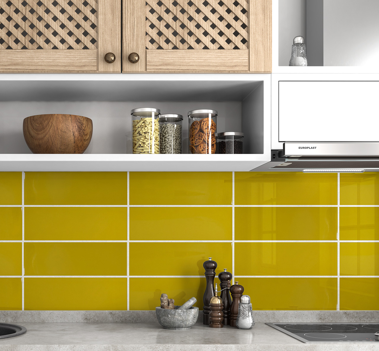 Gloss Yellow Metro Wall Tiles in a small kitchen