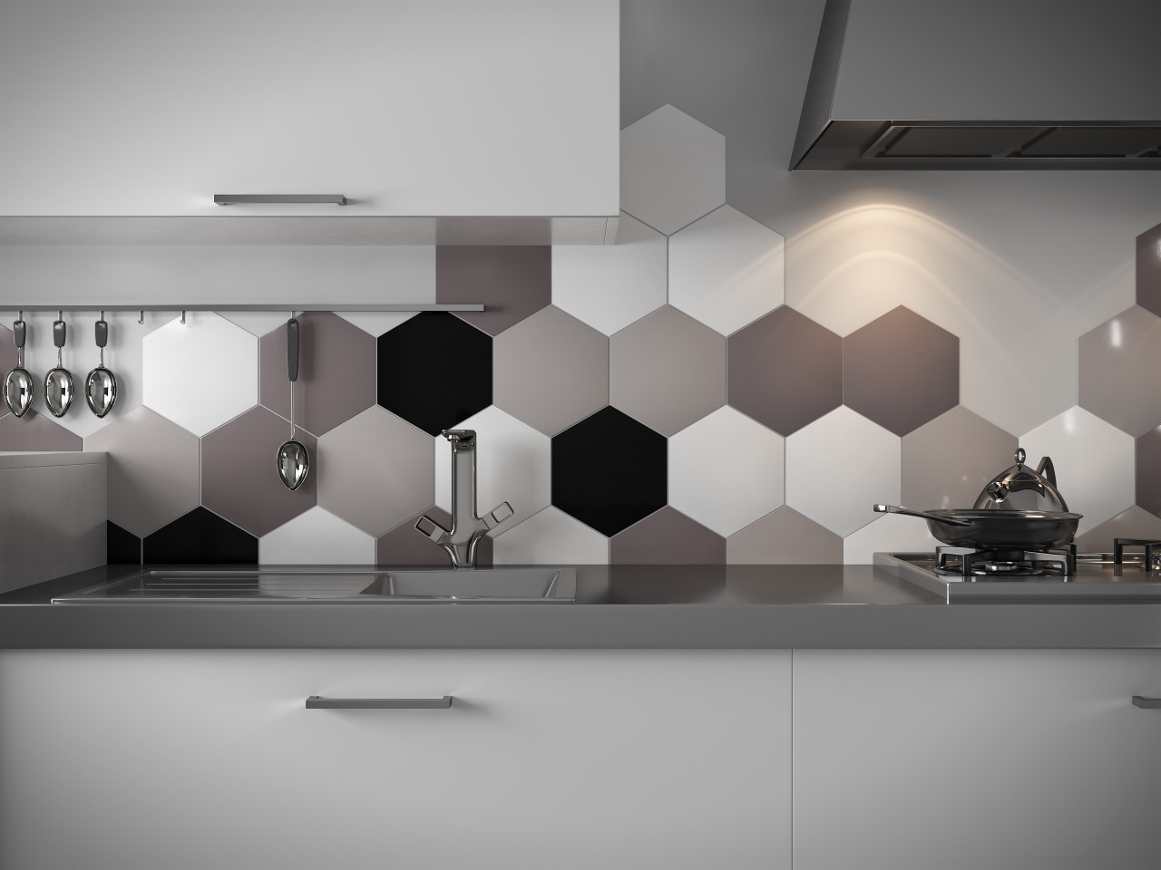 Hexagon shaped tiles used on a splashback in a kitchen