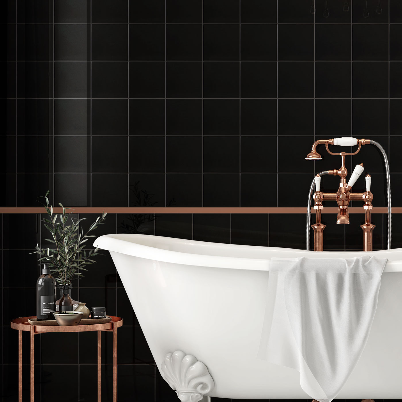 Johnsons Prismatics Square Gloss Black Tiles used in a luxurious bathroom with copper pipework and a freestanding bath