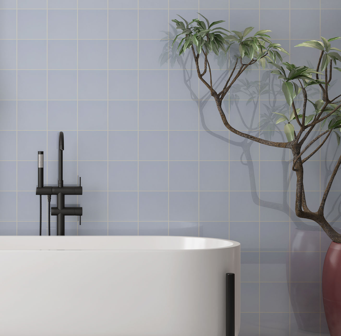Johnsons Prismatics Square Gloss Harebell Blue Tiles used in a small bathroom with a house plant
