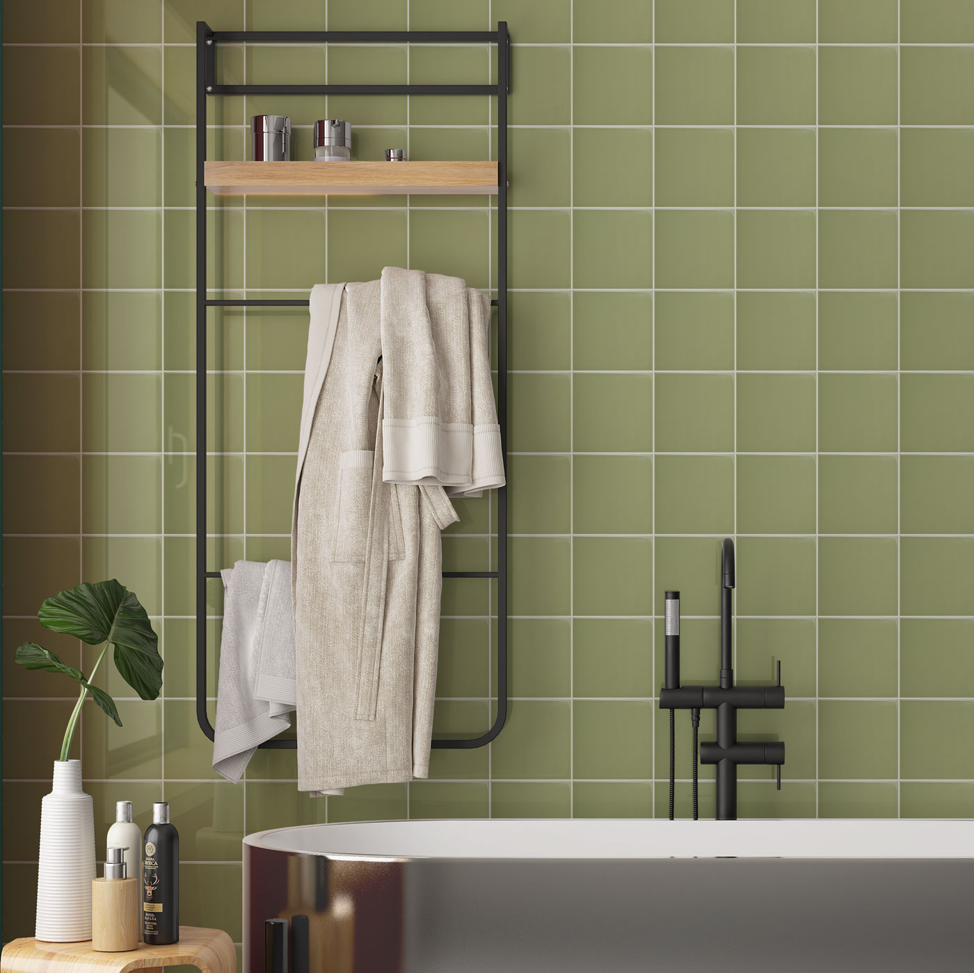 Johnsons Prismatics Square Gloss Pistachio Green Tiles used in a small bathroom