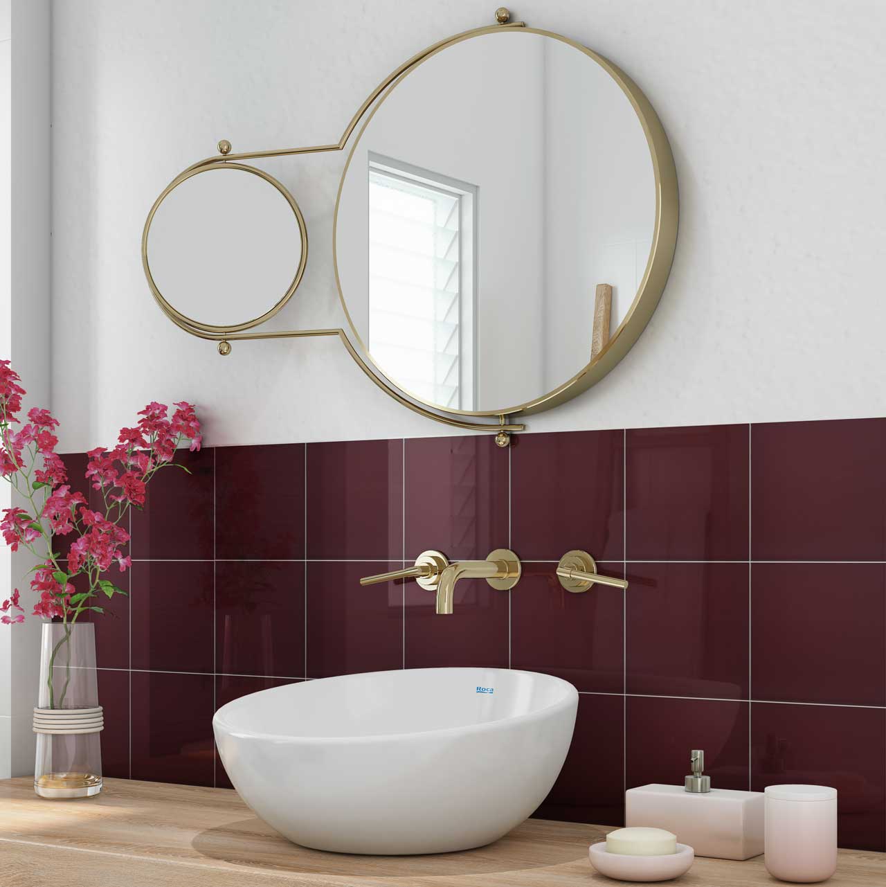 Johnsons Prismatics Square Matt Victorian Maroon Red Tiles used in a small bathroom with a classy feel