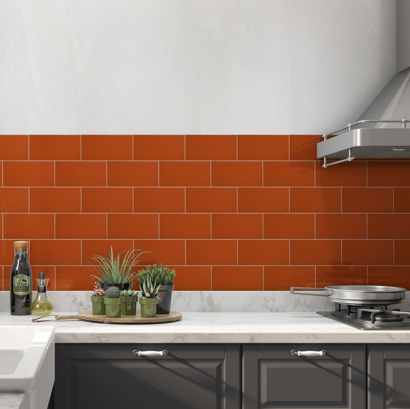 Johnsons Prismatics Pumpkin Orange Metro Tiles used as kitchen splashback tiles in a kitchen