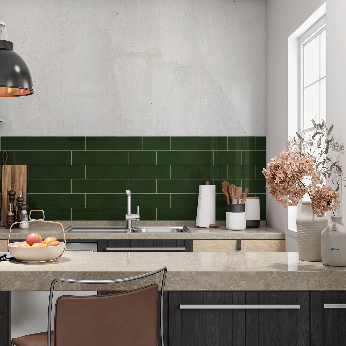 Johnsons Prismatics Gloss Victorian Green Metro Tiles used as traditional kitchen wall tiles in a rustic kitchen
