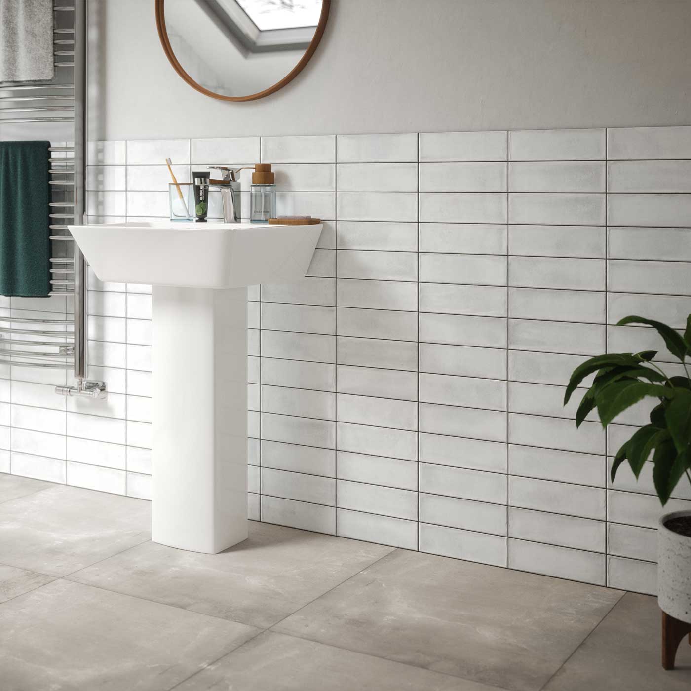 Johnsons Melrose Bone White Metro Tiles used as splashback bathroom wall tiles with a sink