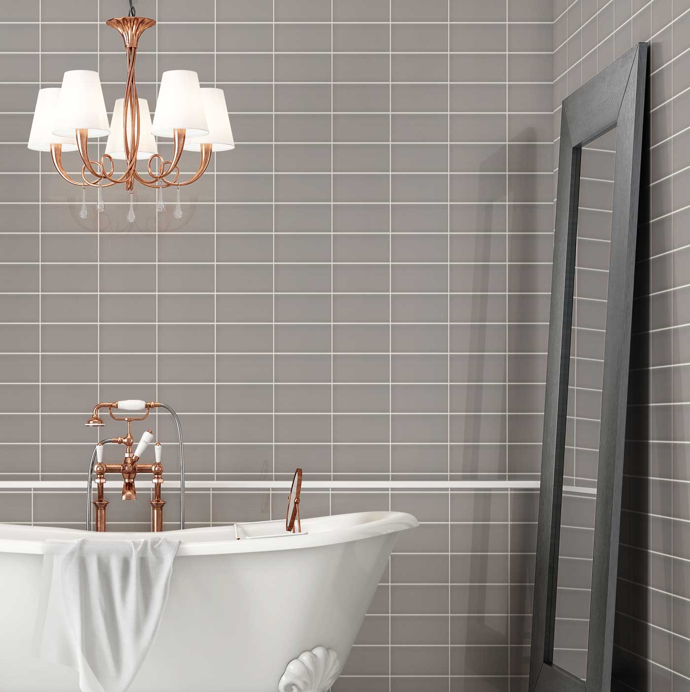 Johnsons Savoy Steel Grey Metro Wall Tiles used in a lavish bathroom with rose gold accessories Johnsons Savoy Steel Grey Metro Wall Tiles used in a lavish bathroom with rose gold accessories