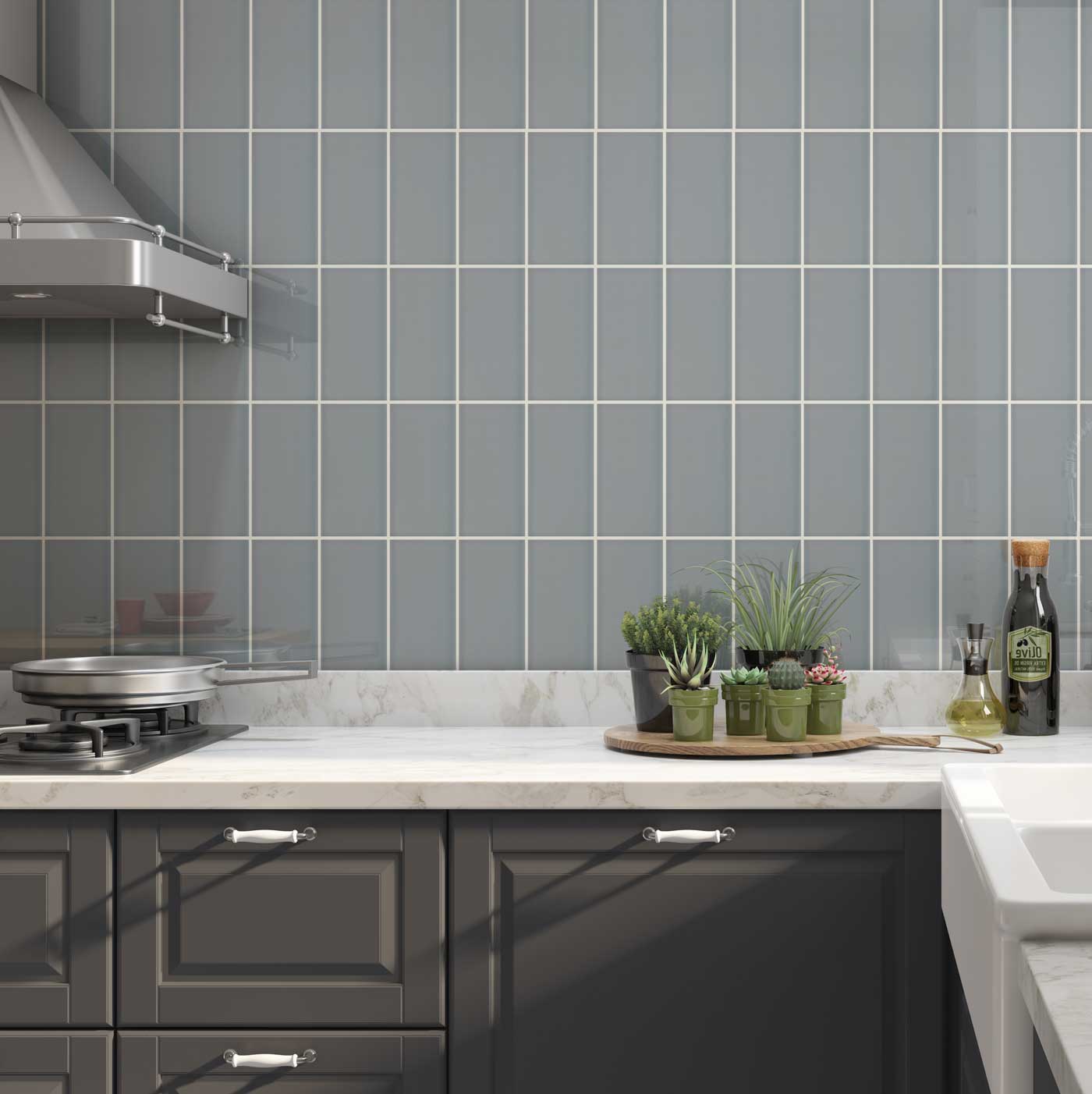 Johnsons Savoy Leaf Grey Metro Wall Tiles used in a kitchen with potted plants