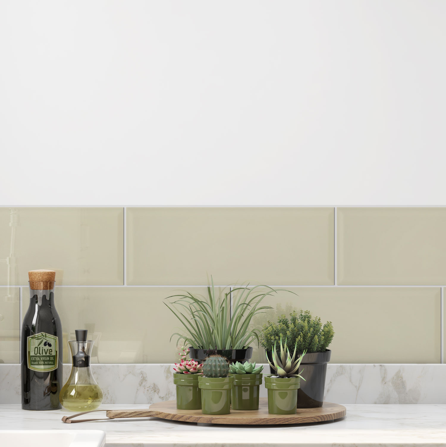 Johnsons Form Bevel Whisper Beige Wall Tiles used as kitchen splashback tiles