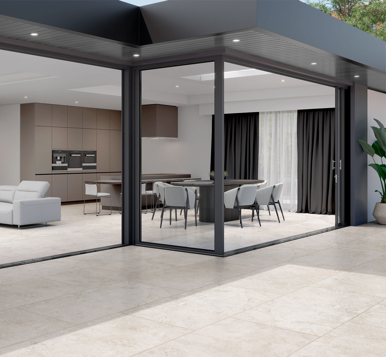 Valverdi Travertino Outdoor Tiles used as patio tiles on a spacious and modern outdoor area