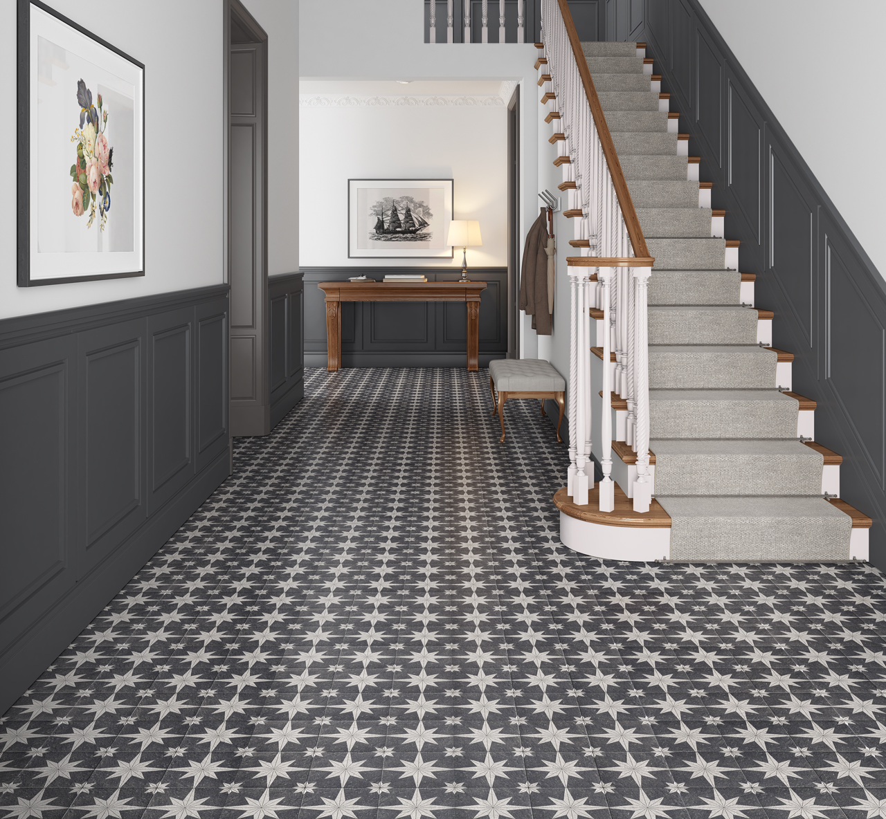 Compass Lava Black Patterned Tiles used as victorian hallway floor tiles
