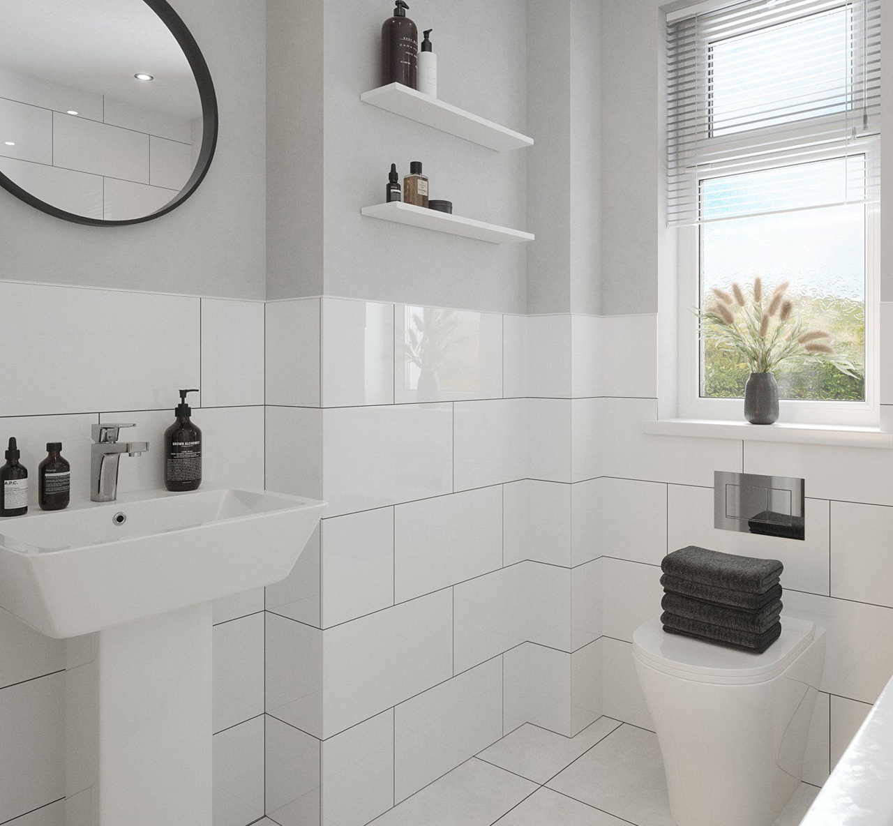 Johnsons Arctic White Gloss Wall Tiles (45cm x 25cm) used in a small bathroom with grey walls