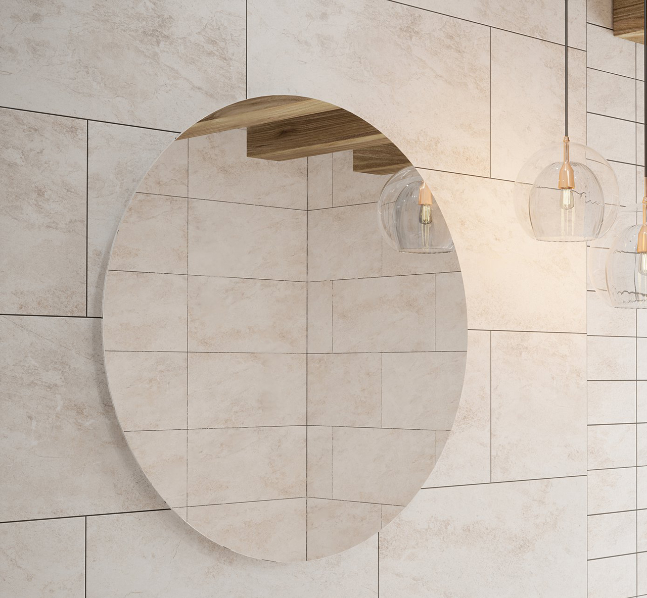 Johnsons Arlo Shale Beige Wall Tiles used with hanging lights and a round mirror