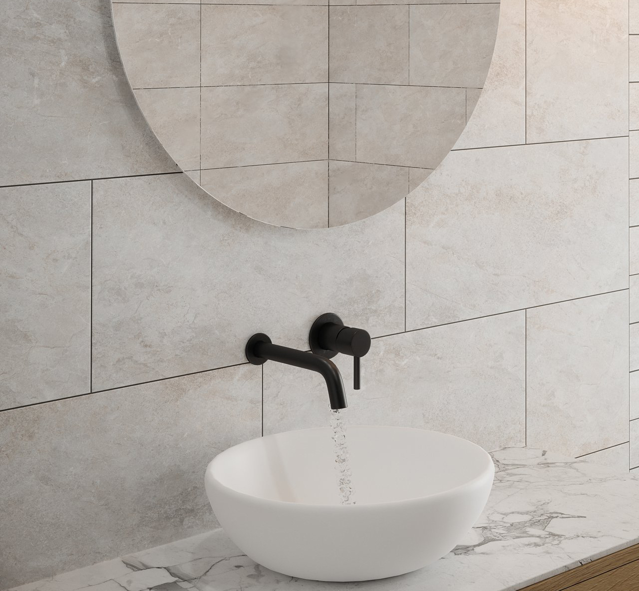 Johnsons Arlo Flint Rectangle Grey Wall Tiles used in a calming stone effect bathroom with mirror, sink, and black taps