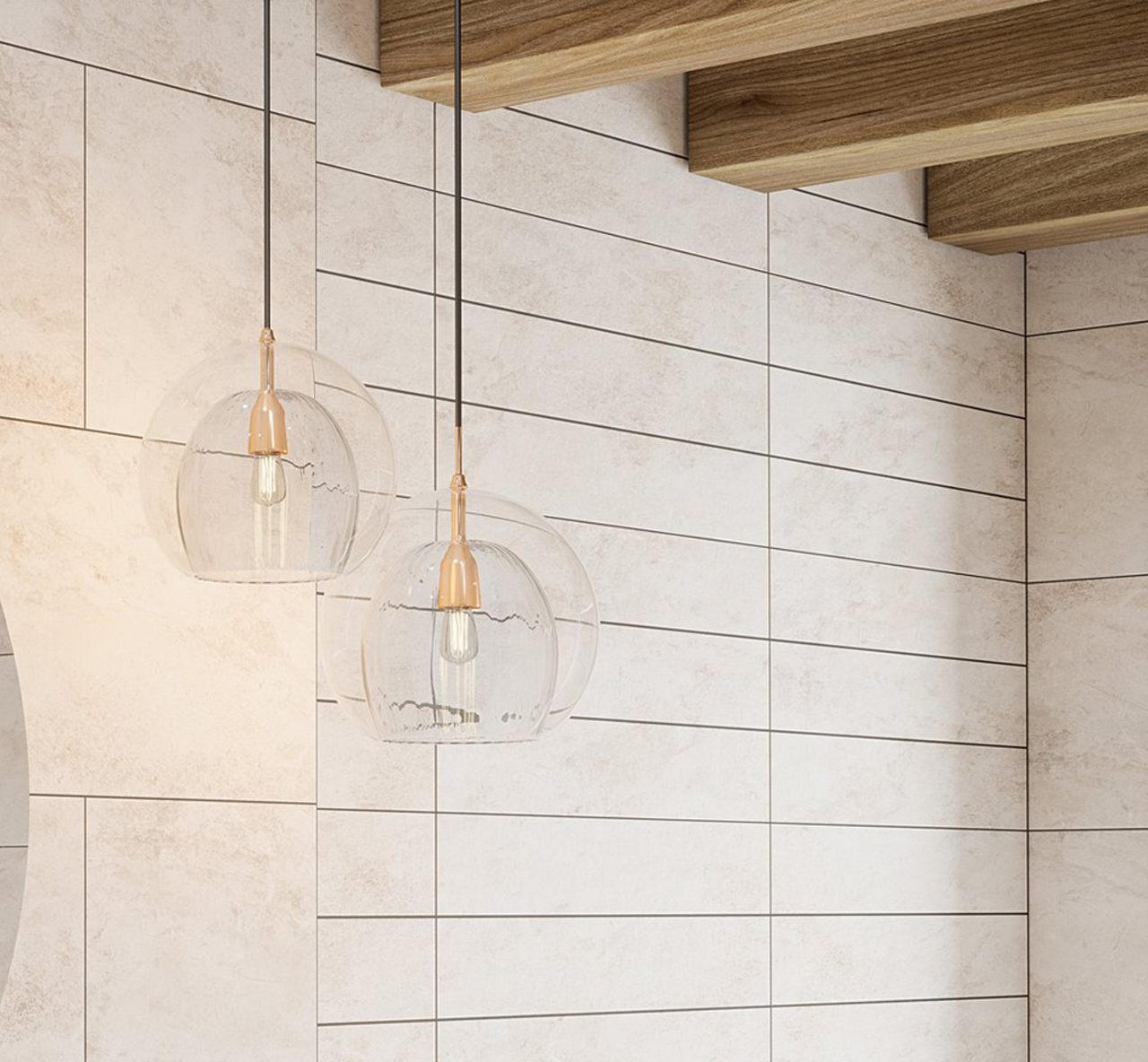 Johnsons Arlo Shale Once Scored Beige Wall Tiles used in a cream stone effect bathroom with hanging lights
