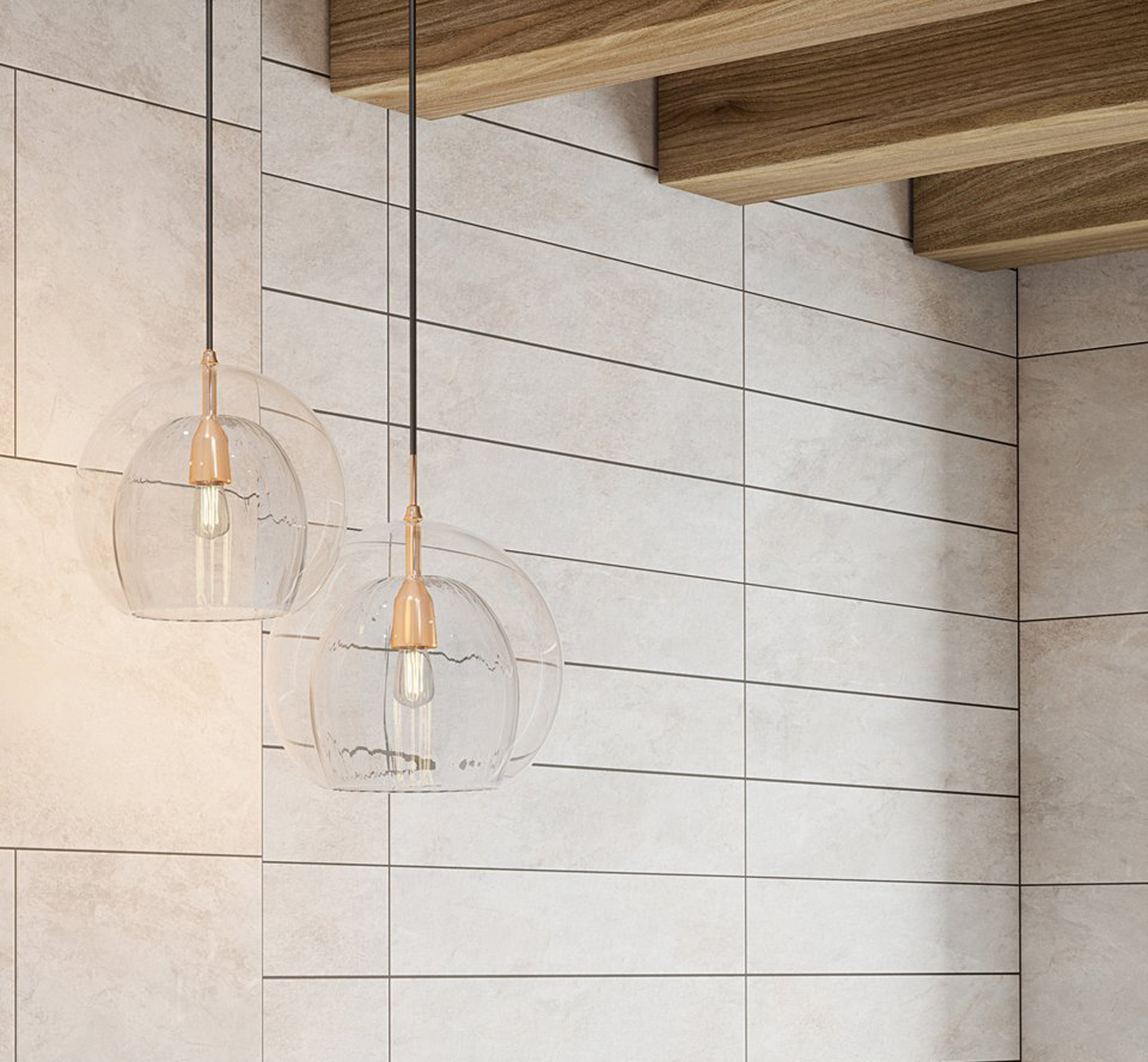 Johnsons Arlo Flint Once Scored Grey Wall Tiles used in a stone effect bathroom with hanging lights