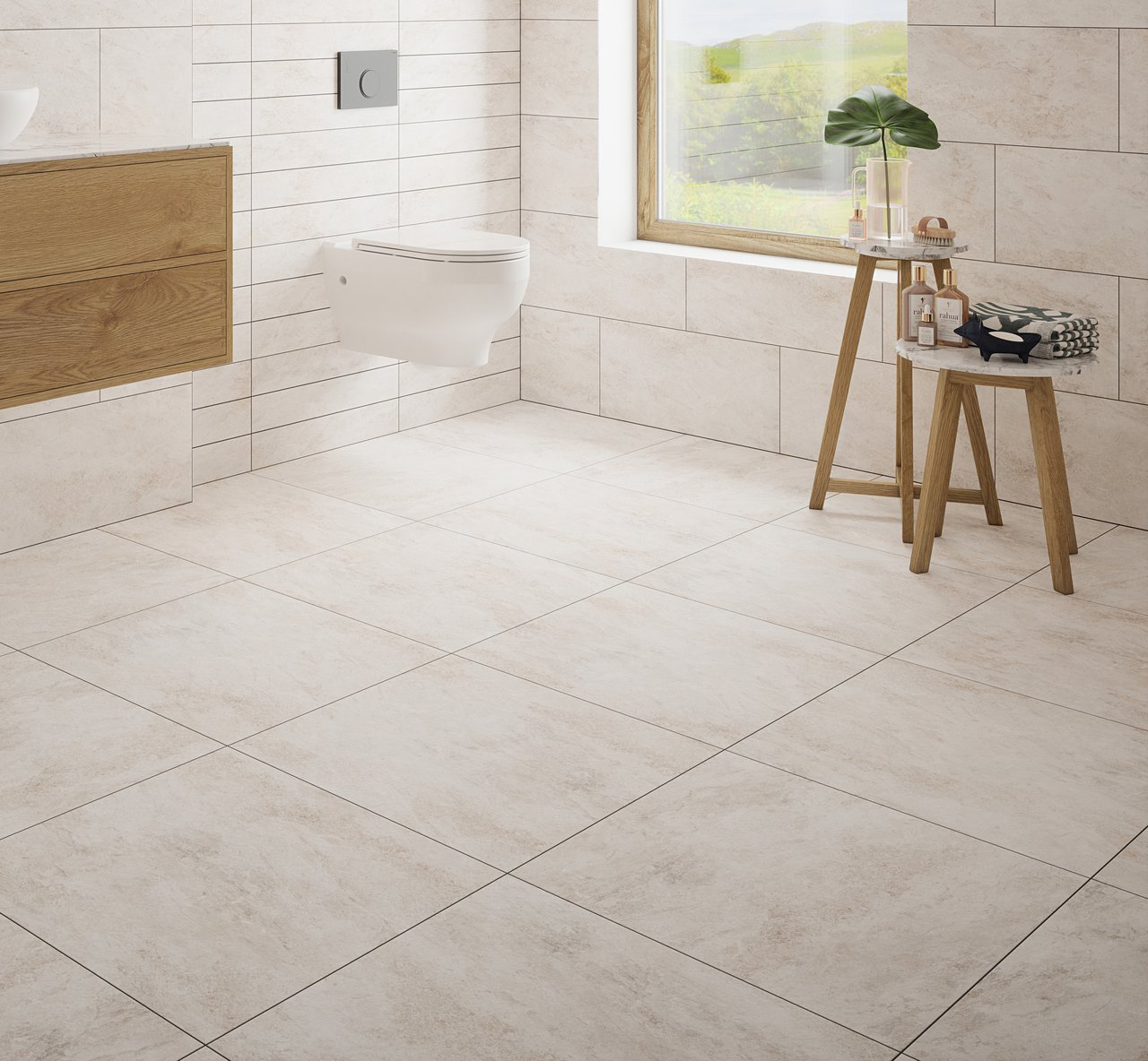 Johnsons Arlo Shale Beige Stone Effect Floor Tiles used in a traditional stone look bathroom