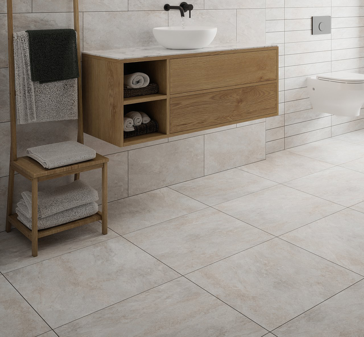 Johnsons Arlo Flint Grey Stone Effect Floor Tiles (60cm x 60cm) used in a calming stone look bathroom with wooden bathroom furniture