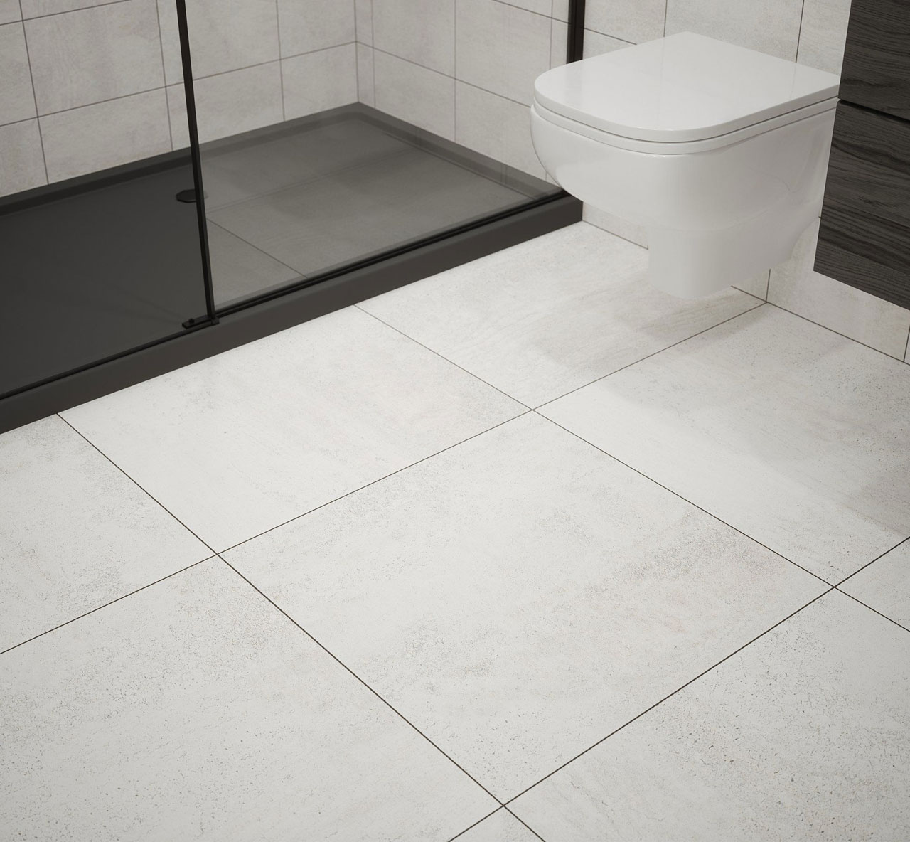 Johnsons Ashlar Weathered White Stone Effect Floor Tiles used on a bathroom floor with a separate shower area