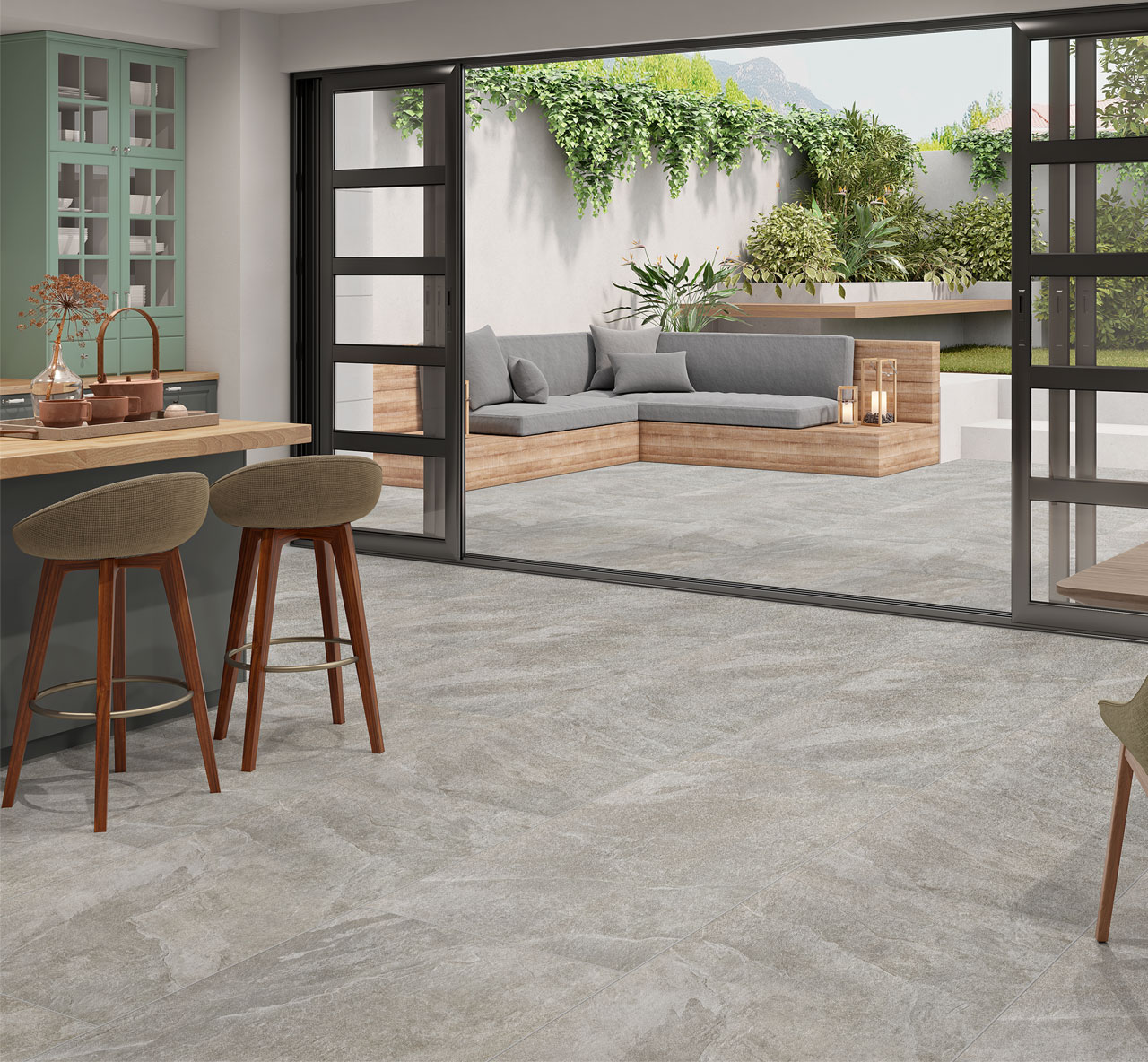 Valverdi Luxury Riven Silver grey stone tiles used as kitchen floor tiles for a modern kitchen with matching grey tiles outside