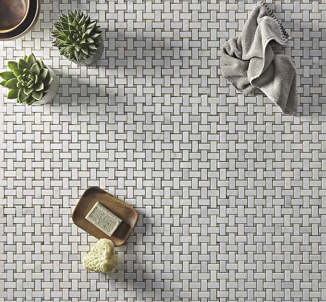 Hampton Emprador Marble Mosaic Tiles used as stunning shower floor tiles in a bathroom