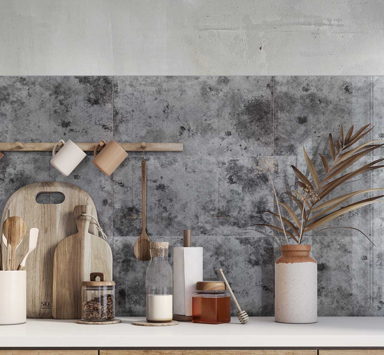 Detroit Light Grey Gloss Metal Effect Tiles used as stunning polished kitchen splashback wall tiles