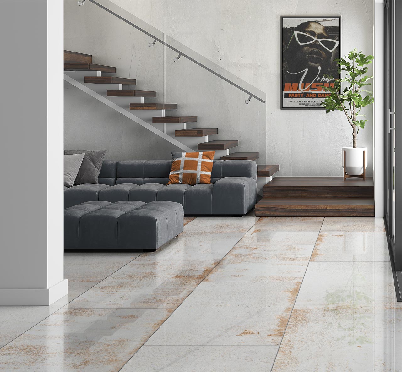RAK Evoque Ice Gloss polished metal effect white floor tiles used in a modern naturally lit sitting room